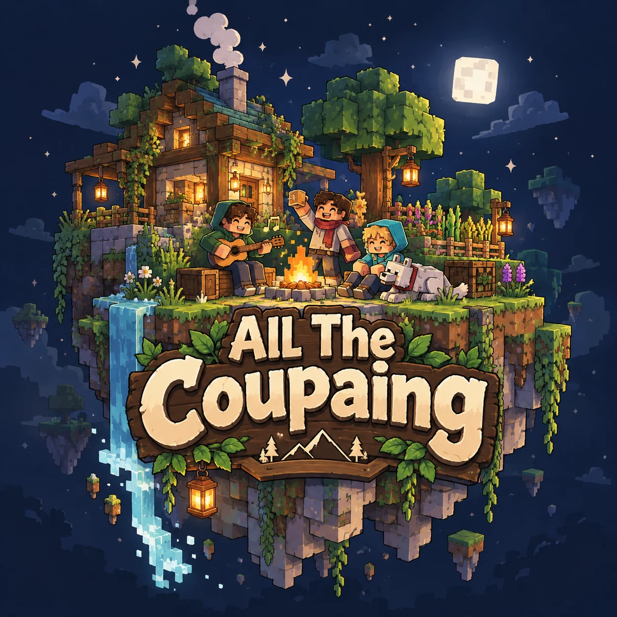 Les coupaings et leur loup près d’un feu, sous une maison éclairée et un ciel étoilé.