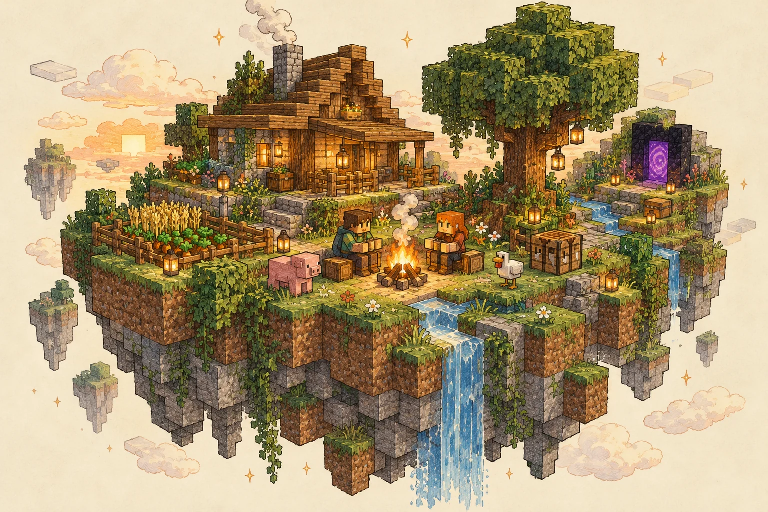 Un petit monde Minecraft illustré : maison chaleureuse, jardin, portail et coupaings réunis autour du feu.